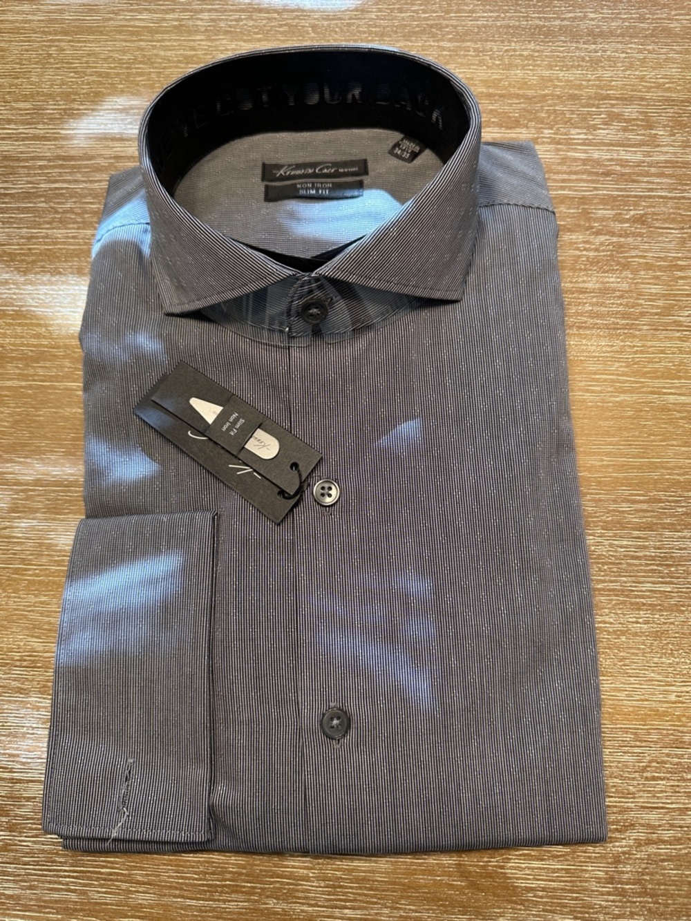 NWT Kenneth Cole NY Non Iron Slim Fit Gray Pinstriped Dress Shirt 15 1/2 34/35